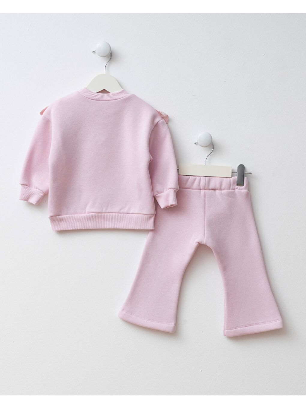Kız Bebek Pamuklu Pembe Fiyonk Detaylı Sweatshirt İspanyol Paça Takım - Dantel Volanlı Tasarım-2