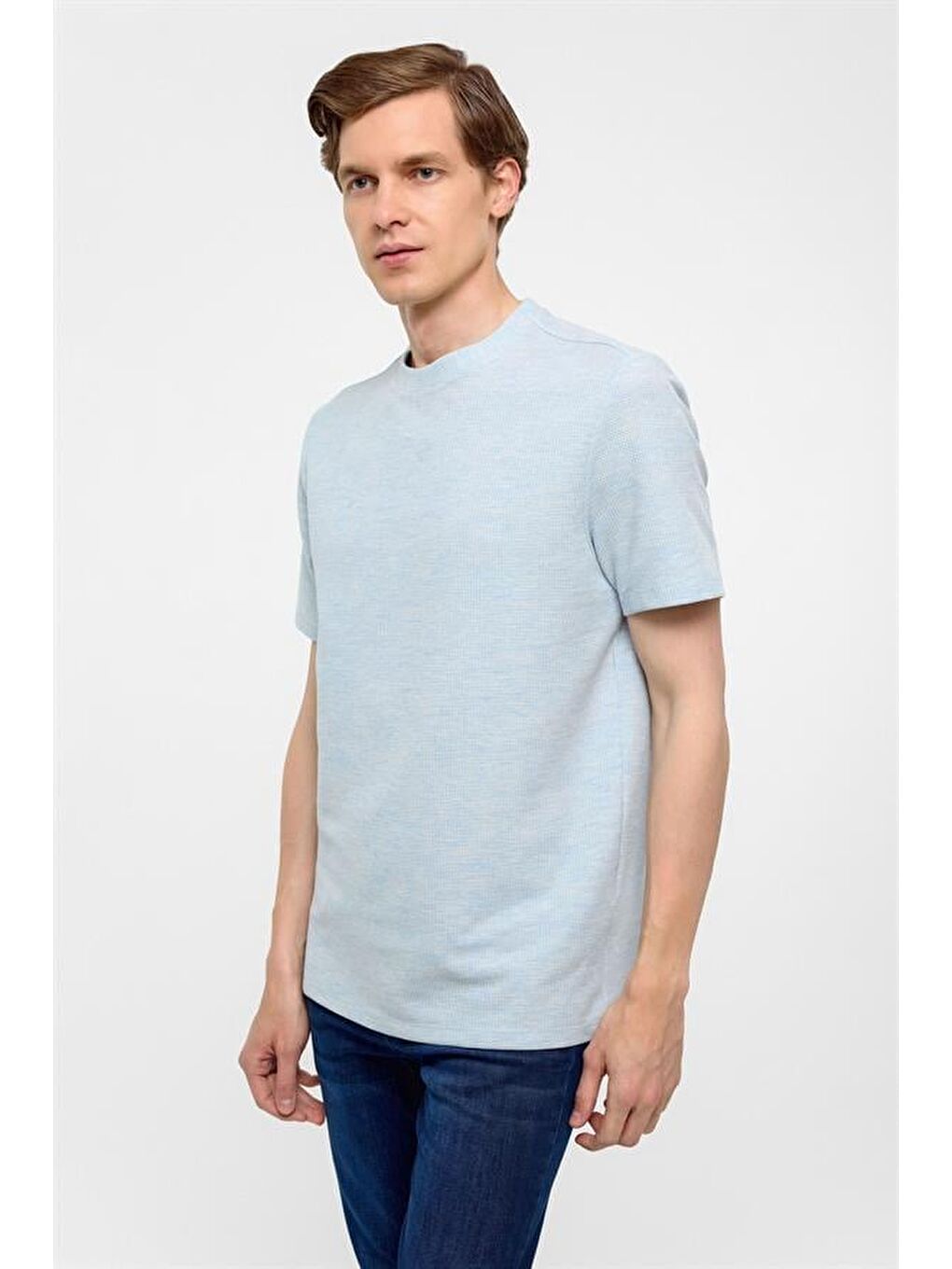 Buz Mavi Regular Armürlü Bisiklet Yaka Tişört-1