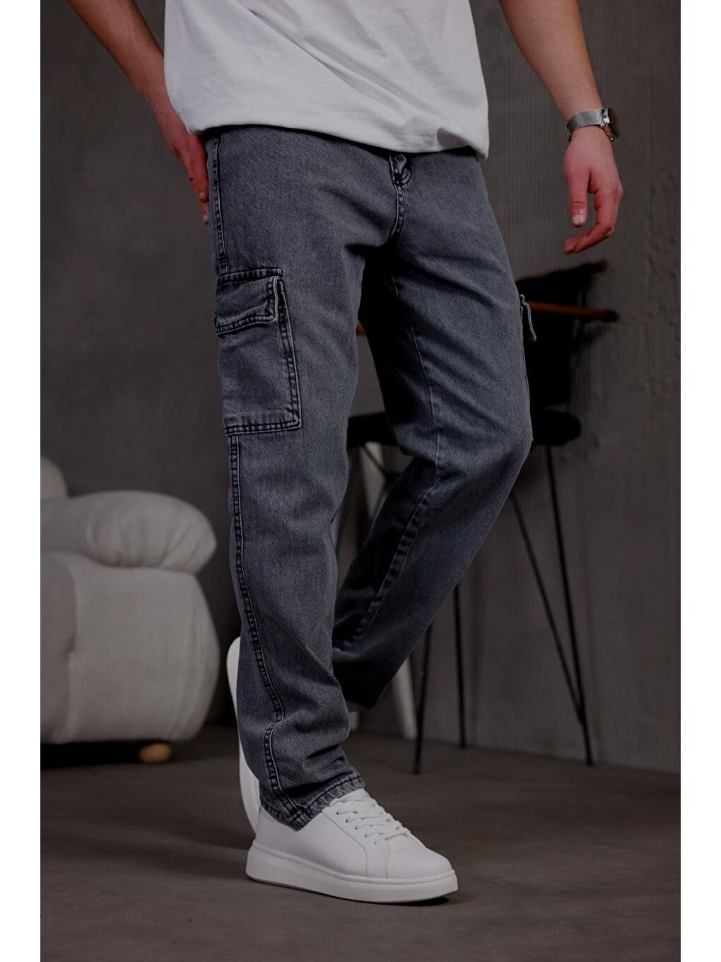 Gri Prf 011 Yıpratmalı Komando Baggy Fit Jean Kargo Pantolon-3