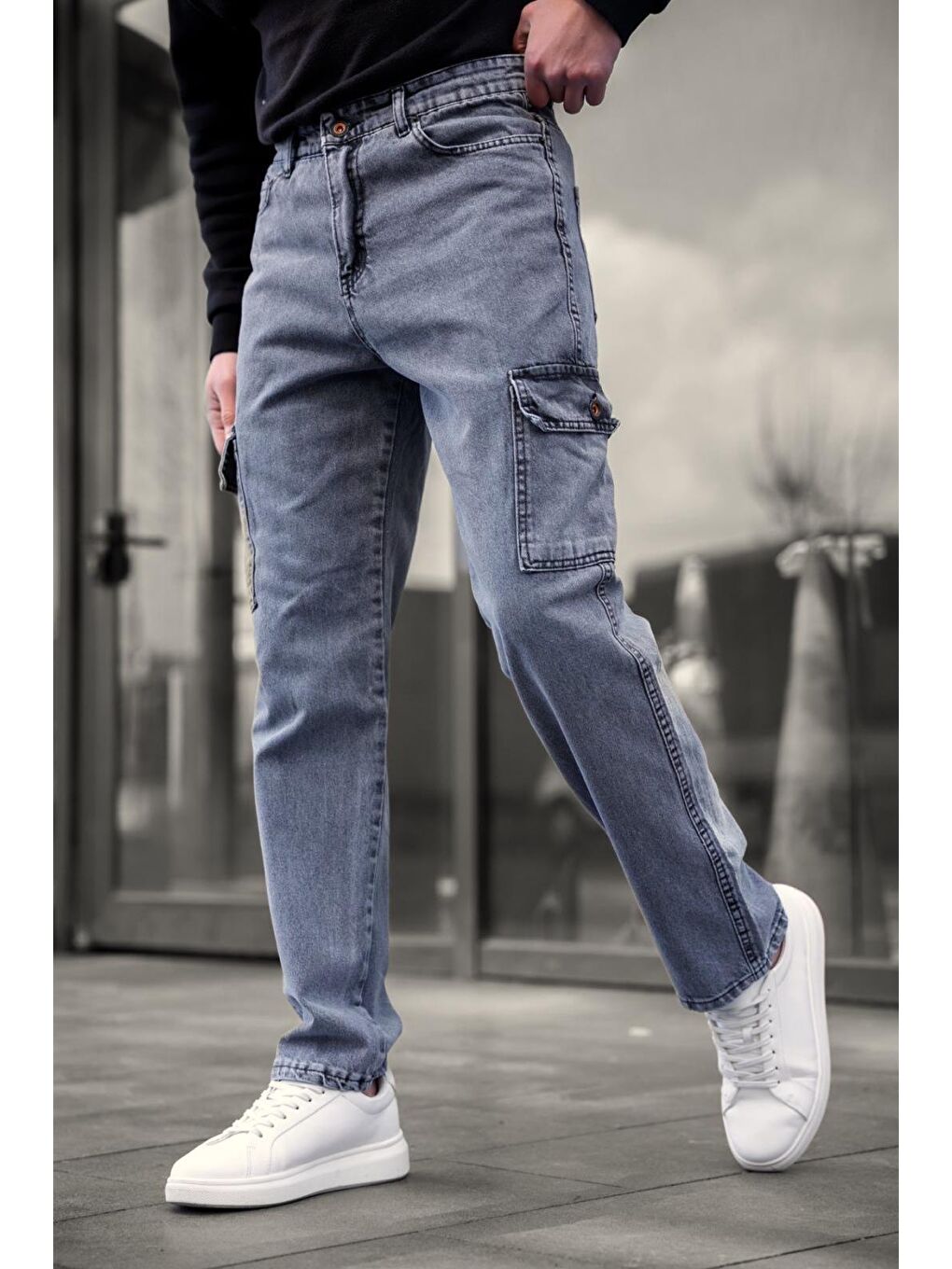 Lacivert Prf 011 Yıpratmalı Komando Baggy Fit Jean Kargo Pantolon