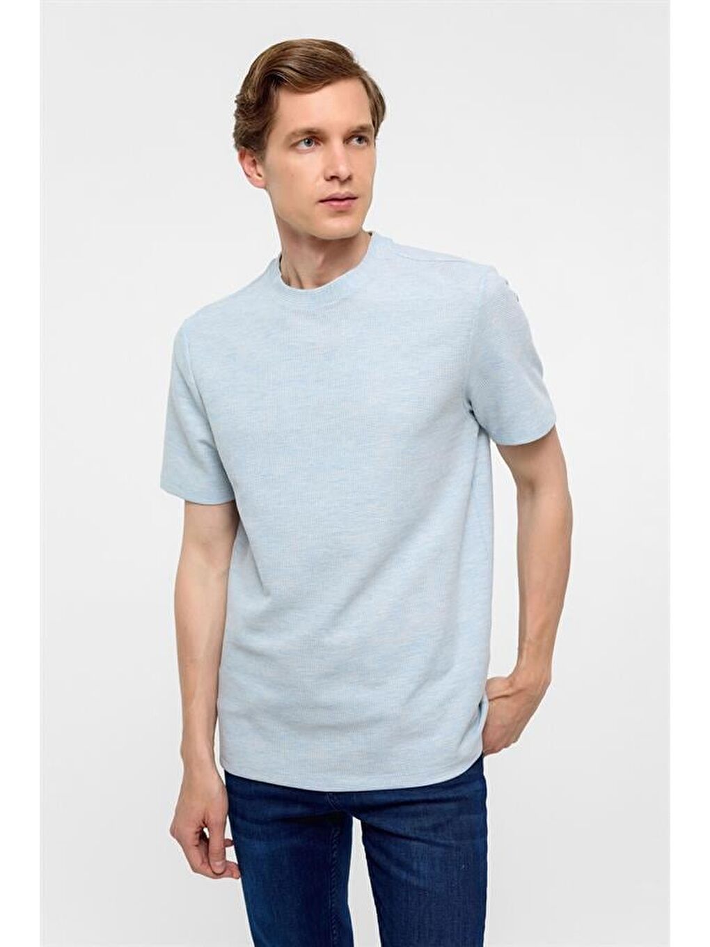 Buz Mavi Regular Armürlü Bisiklet Yaka Tişört-4
