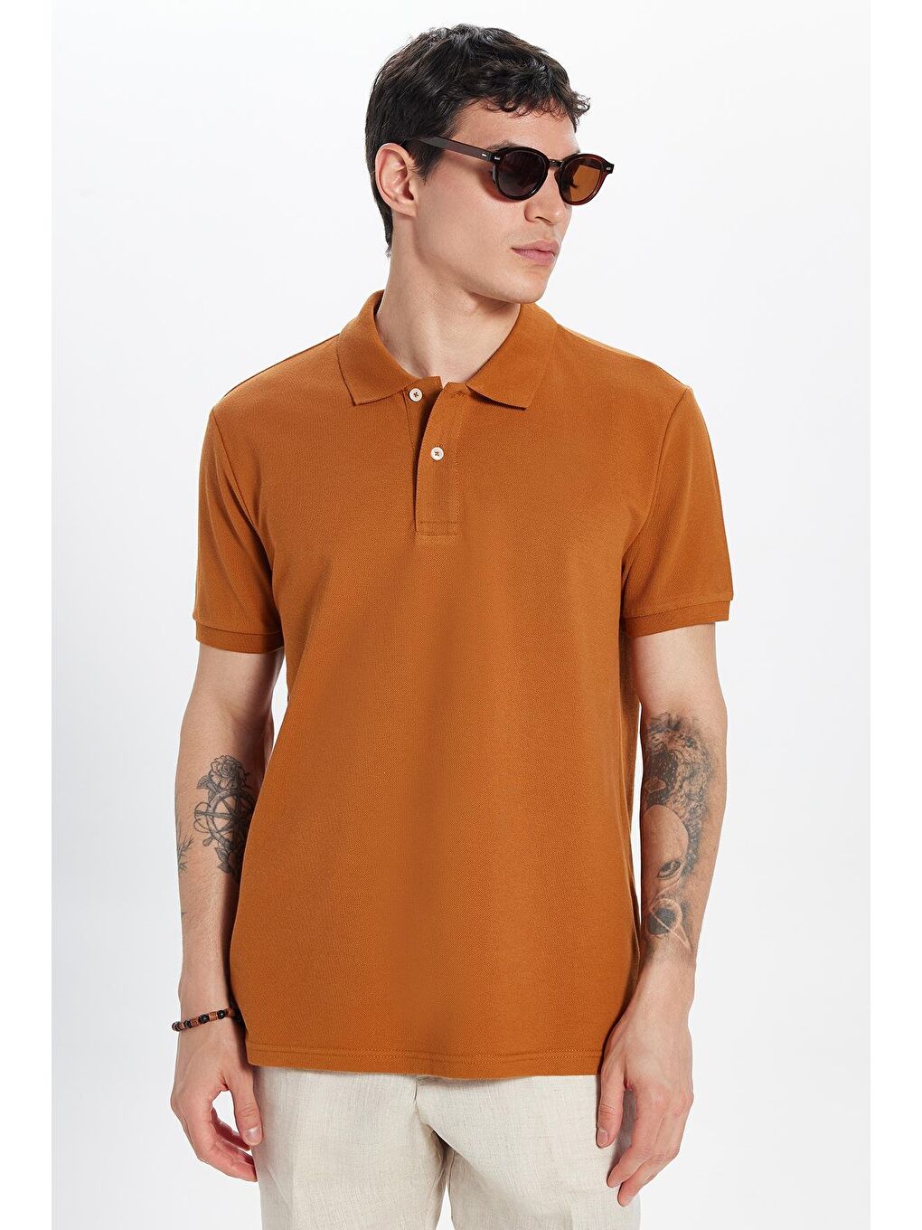 TUDORS Erkek Slim Fit Dar Kesim %100 Pamuk Kahverengi Polo Yaka Tişört - 2