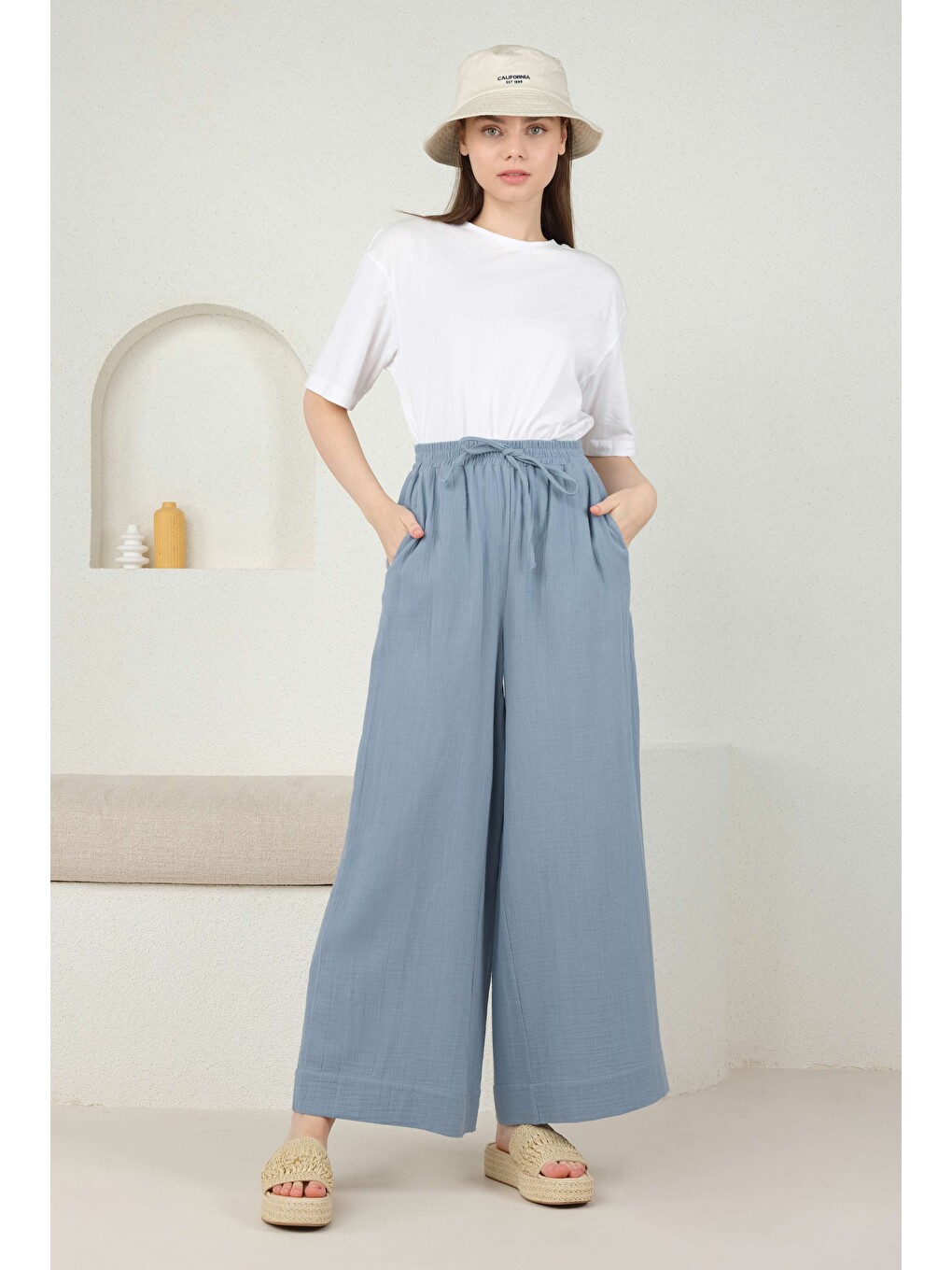 Müslin Bol Paça Pantolon Pastel Mavi