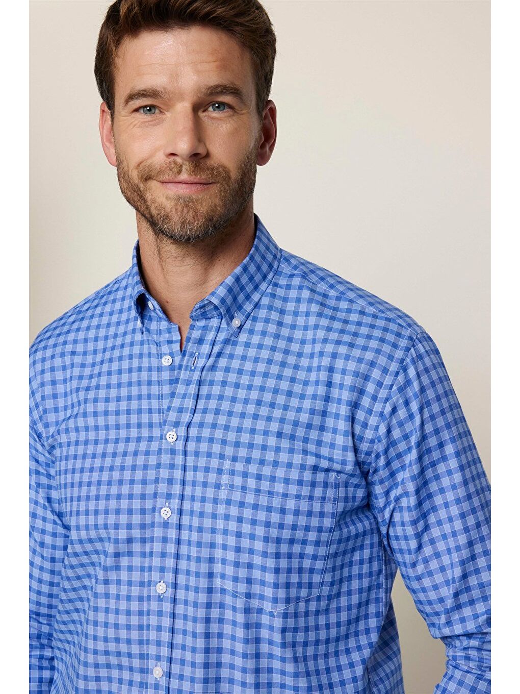 Karışık Erkek Regular Fit Klasik Kesim Düğmeli Yaka Küçük Kareli Pamuklu Gömlek-1
