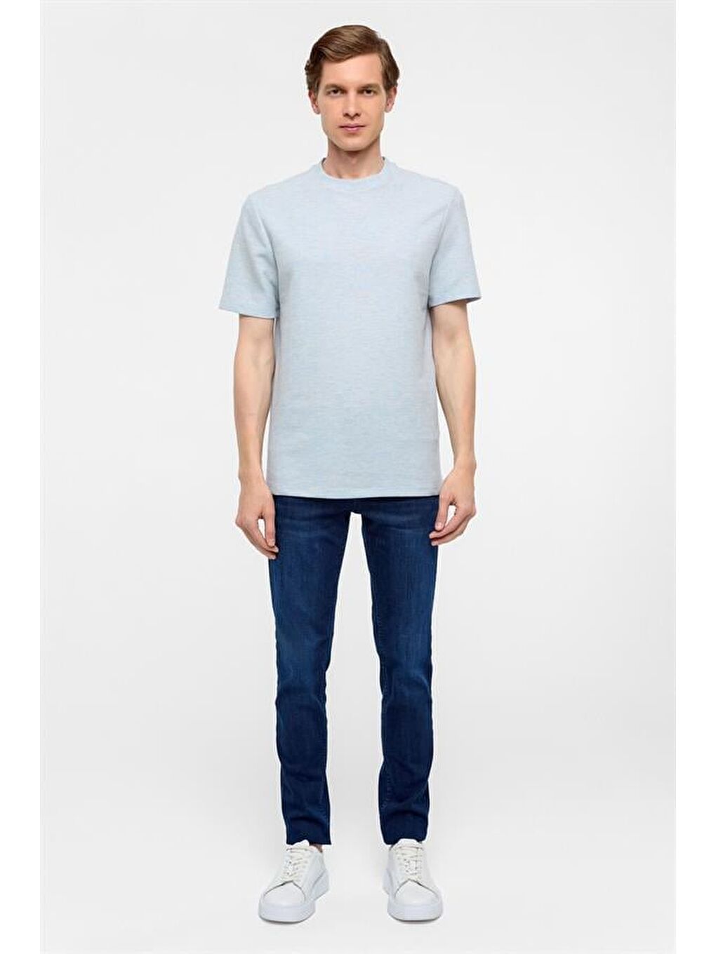 Buz Mavi Regular Armürlü Bisiklet Yaka Tişört-7