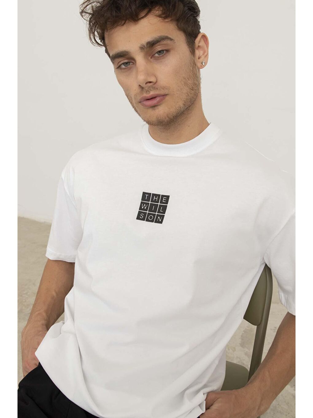 Beyaz Erkek Ön ve Arka Baskılı Bisiklet Yaka Tişört-5