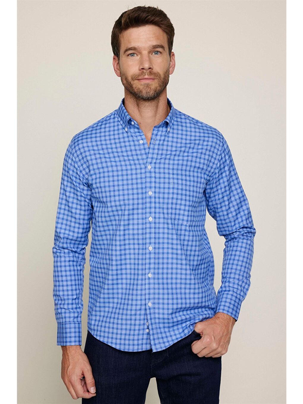 Karışık Erkek Regular Fit Klasik Kesim Düğmeli Yaka Küçük Kareli Pamuklu Gömlek-2