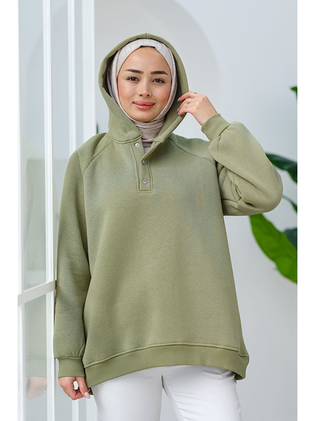 Locco Moda Çıt Çıt Detay Kapüşonlu Sweat Yeşil - 2