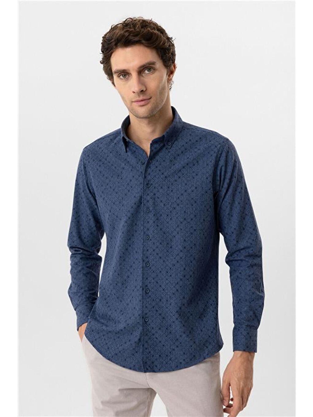 Lacivert Slim Düz Düğmeli Yaka Gömlek-1