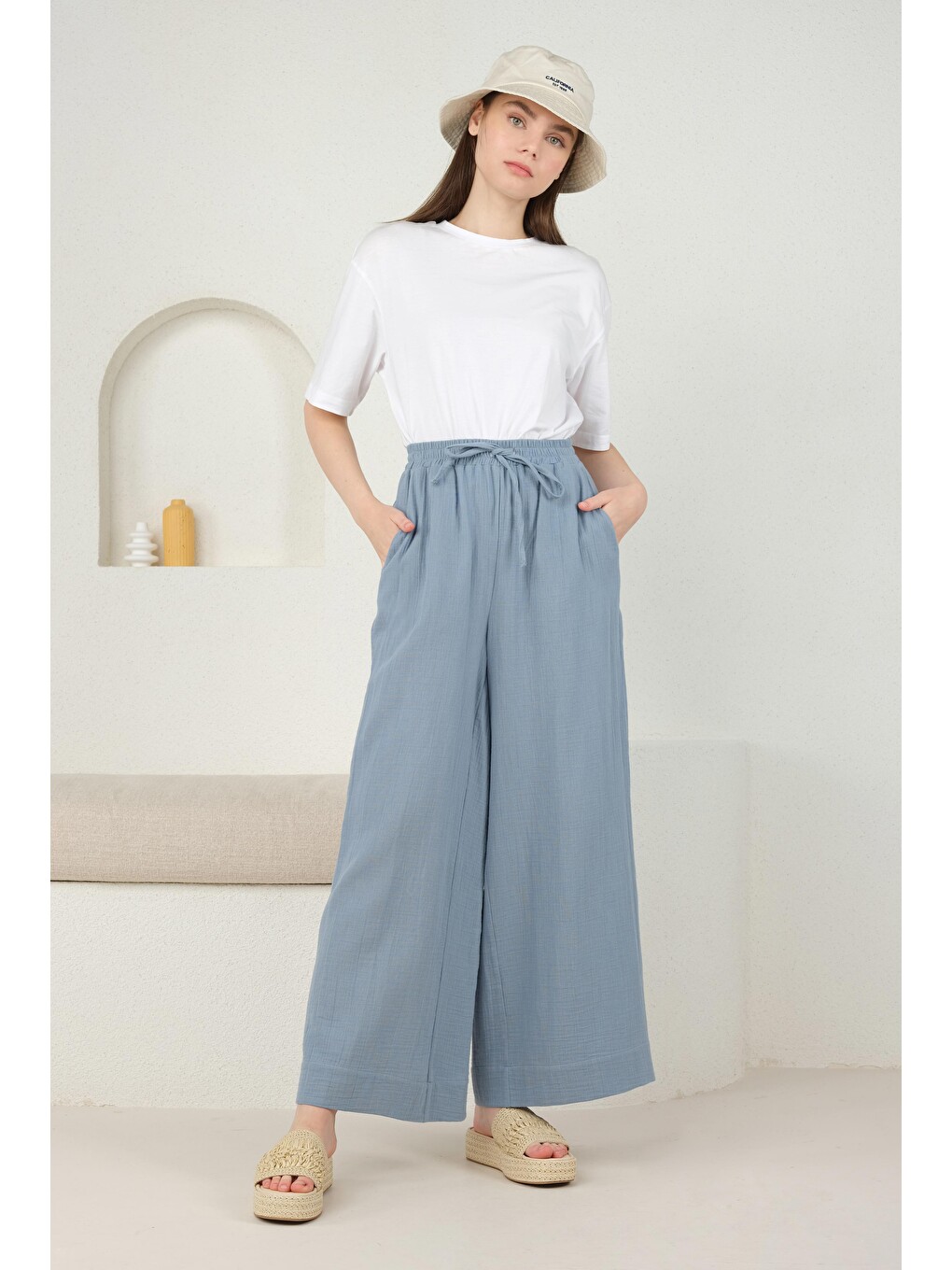 Müslin Bol Paça Pantolon Pastel Mavi-1