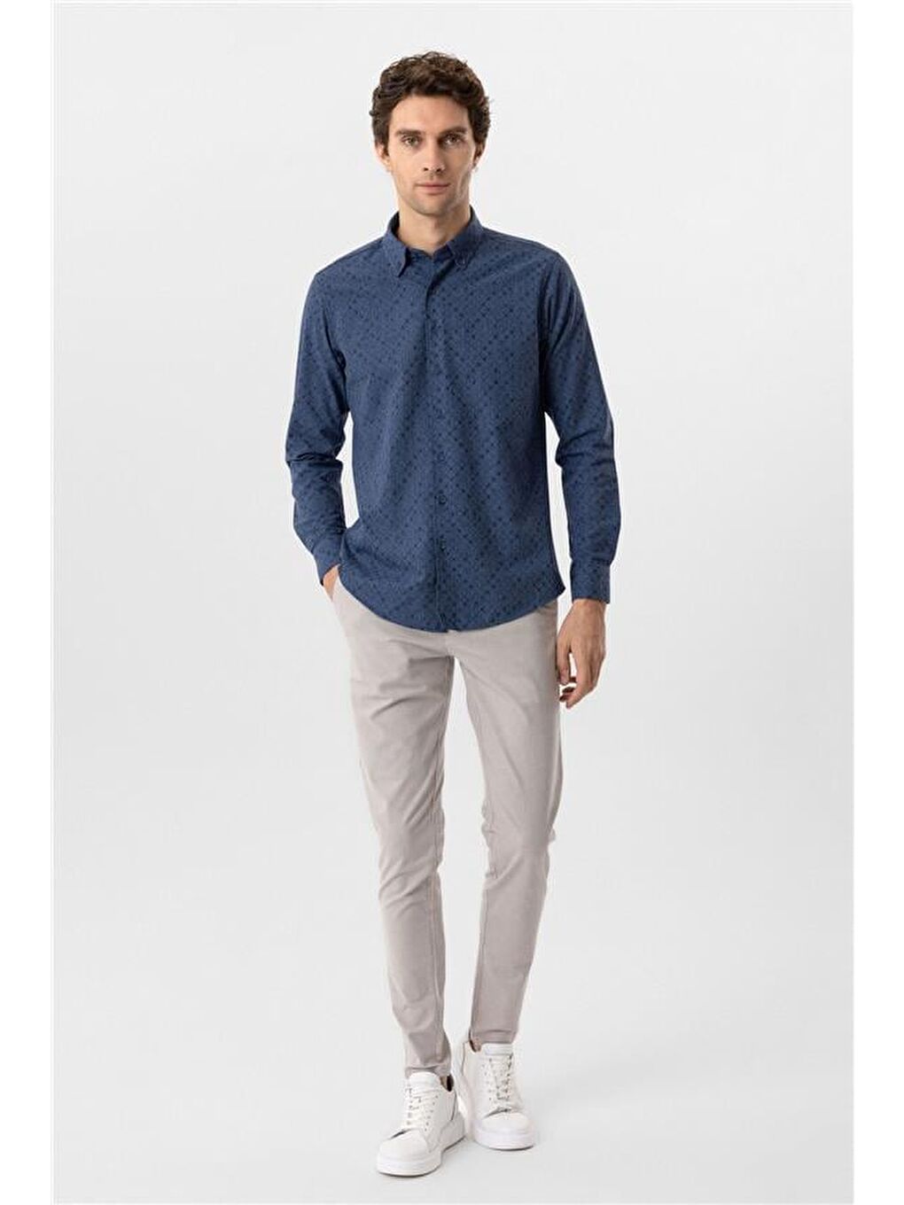 Lacivert Slim Düz Düğmeli Yaka Gömlek-2