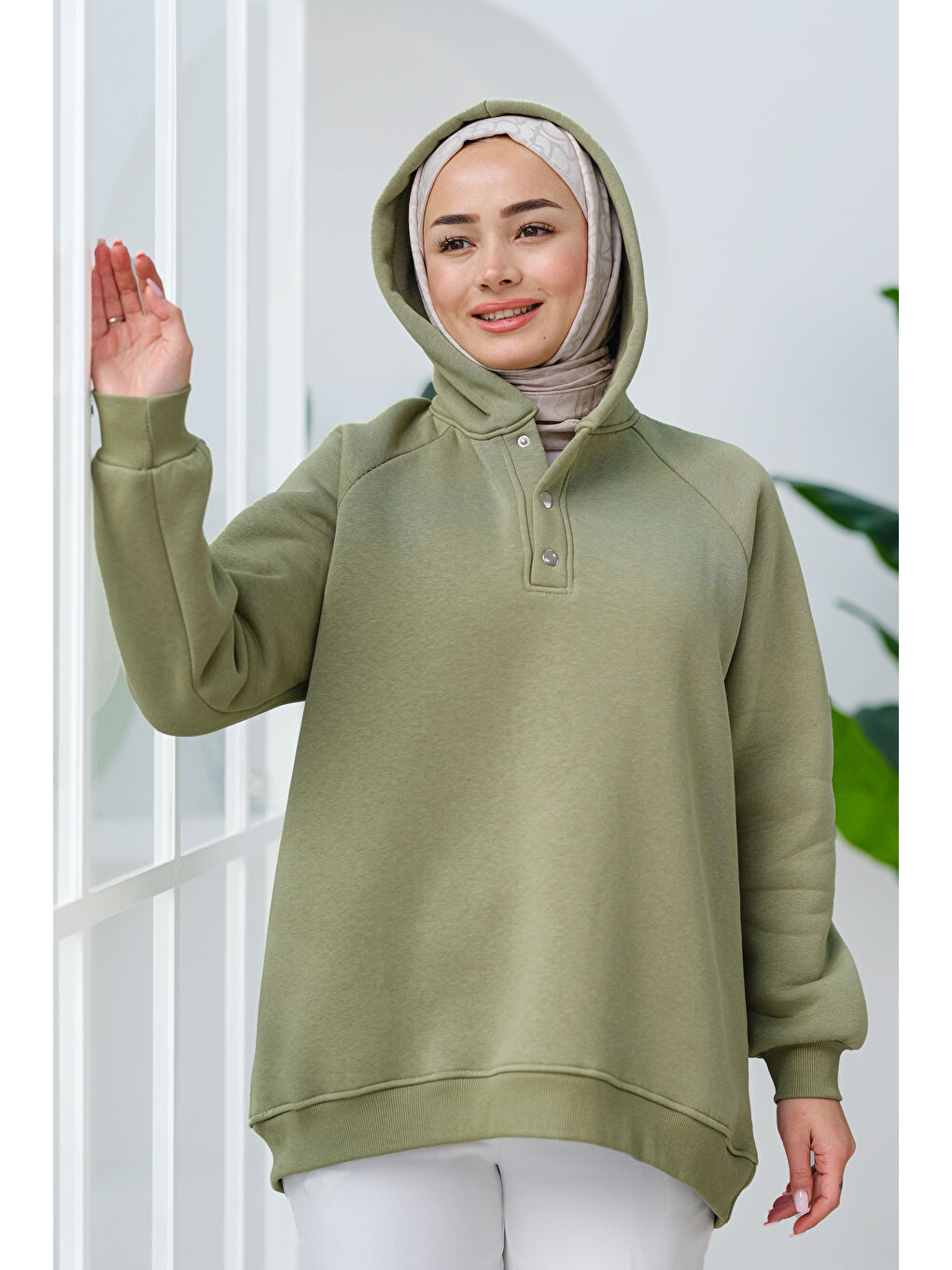 Locco Moda Çıt Çıt Detay Kapüşonlu Sweat Yeşil - 3