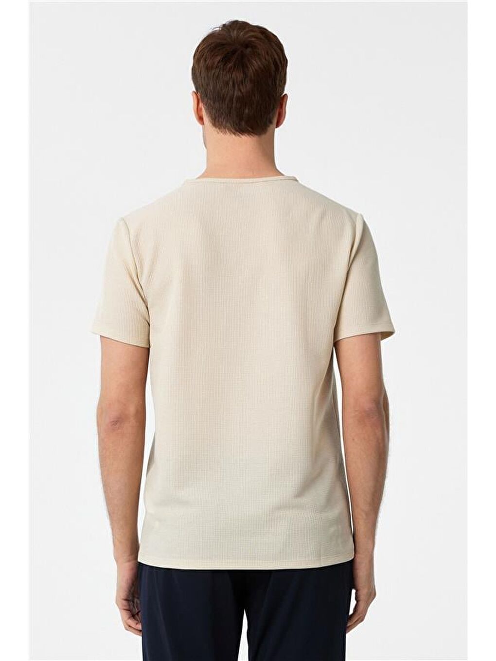 Ekru Slim Armürlü Bisiklet Yaka Tişört-3