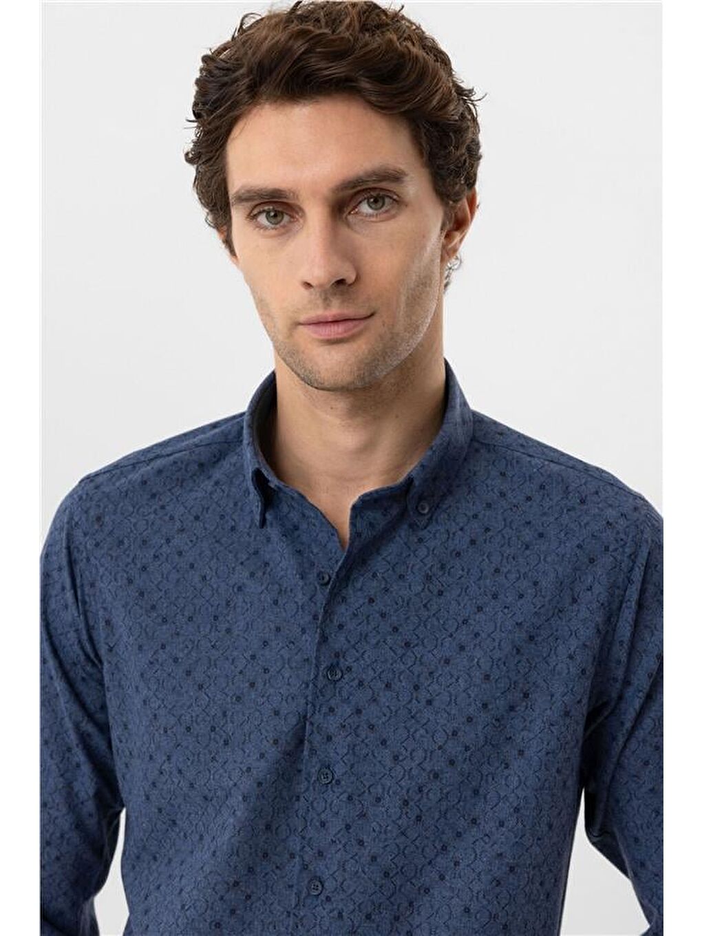 Lacivert Slim Düz Düğmeli Yaka Gömlek-3