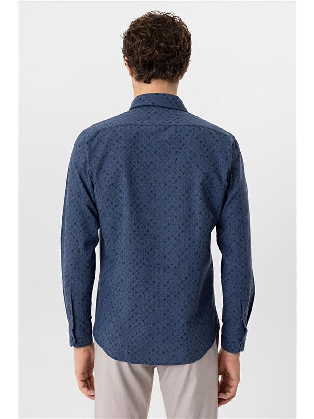 Lacivert Slim Düz Düğmeli Yaka Gömlek-4