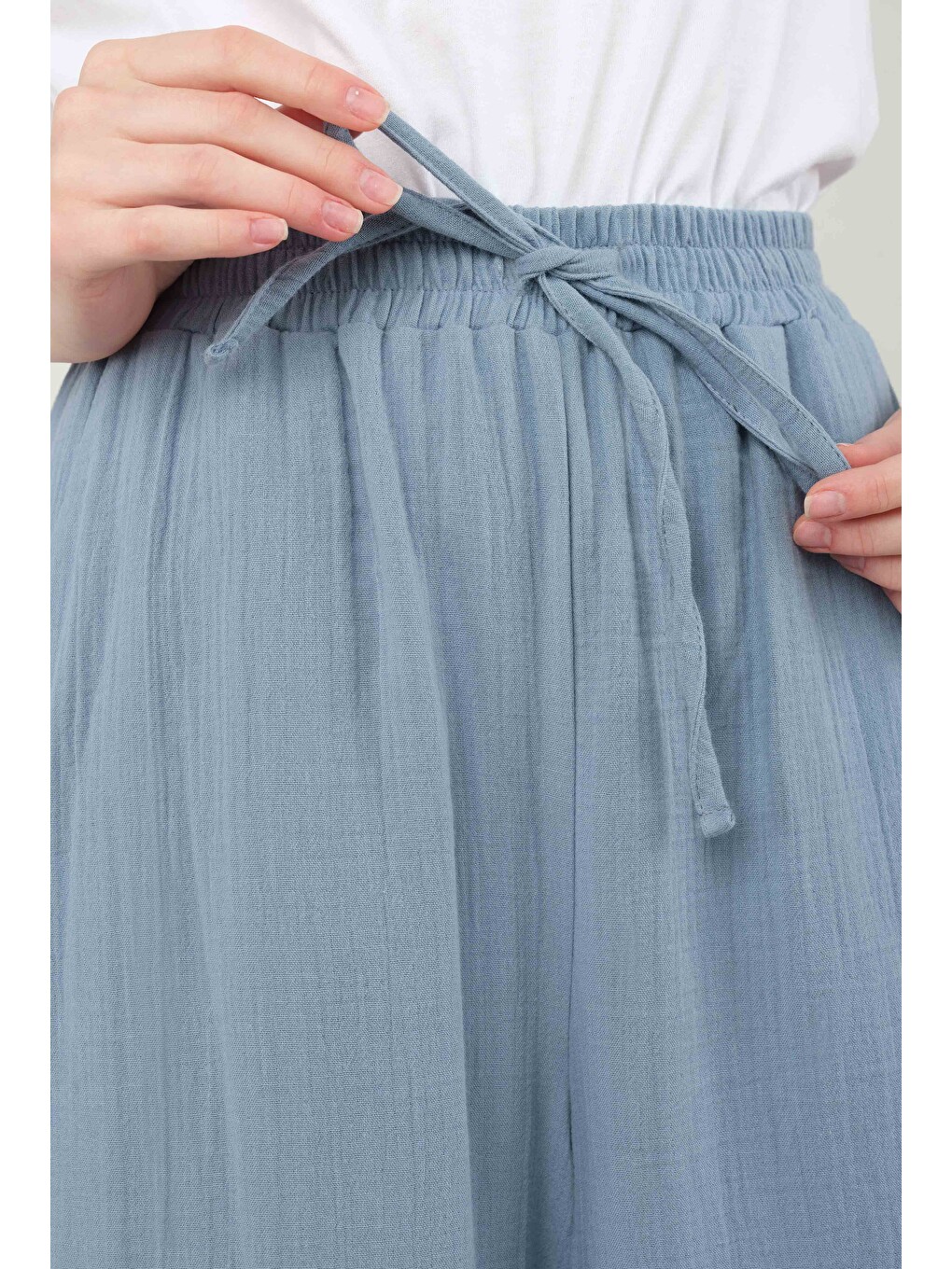 Müslin Bol Paça Pantolon Pastel Mavi-3