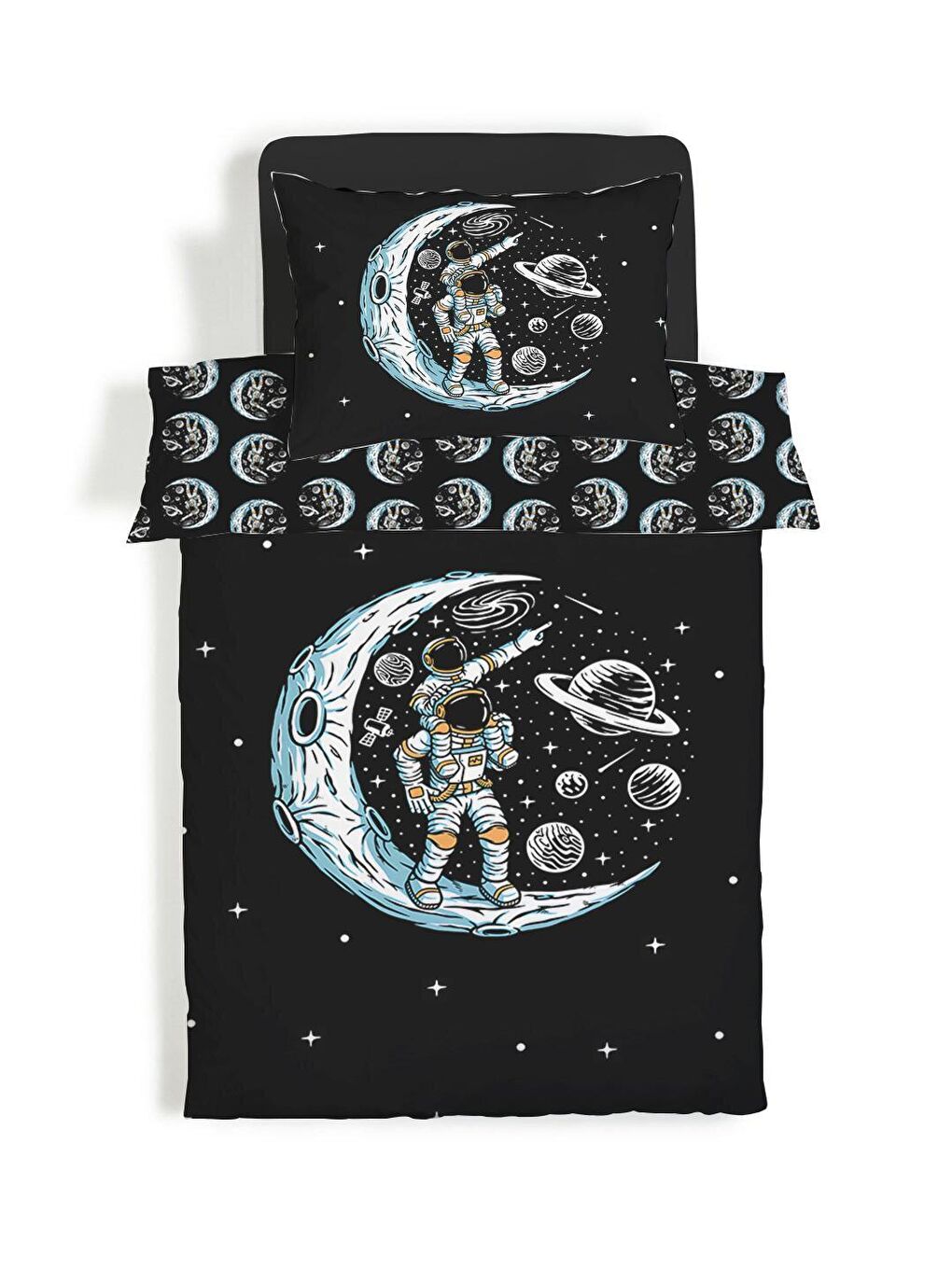 Karışık Çift Taraflı Astronot Desenli Çarşafsız 2'li Takım  Tek Kişilik Nevresim Takımı 160x220 Cm-1