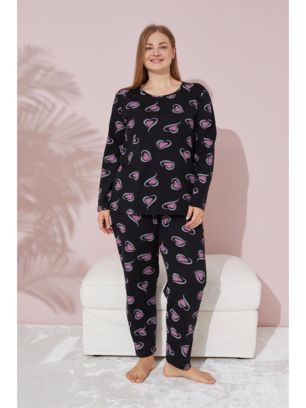 Siyah Curve Büyük Beden Örme Pamuklu Pijama Takımı