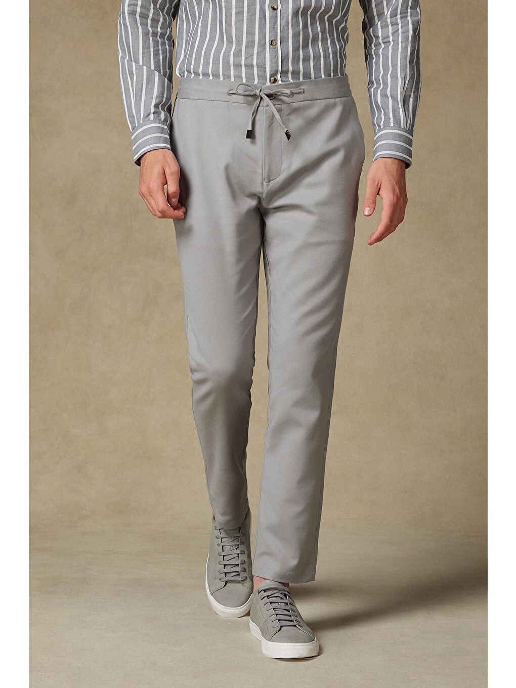 Soft Dokuma Pamuk Karışımlı Tailored Fit Gri Erkek Düz Pantolon