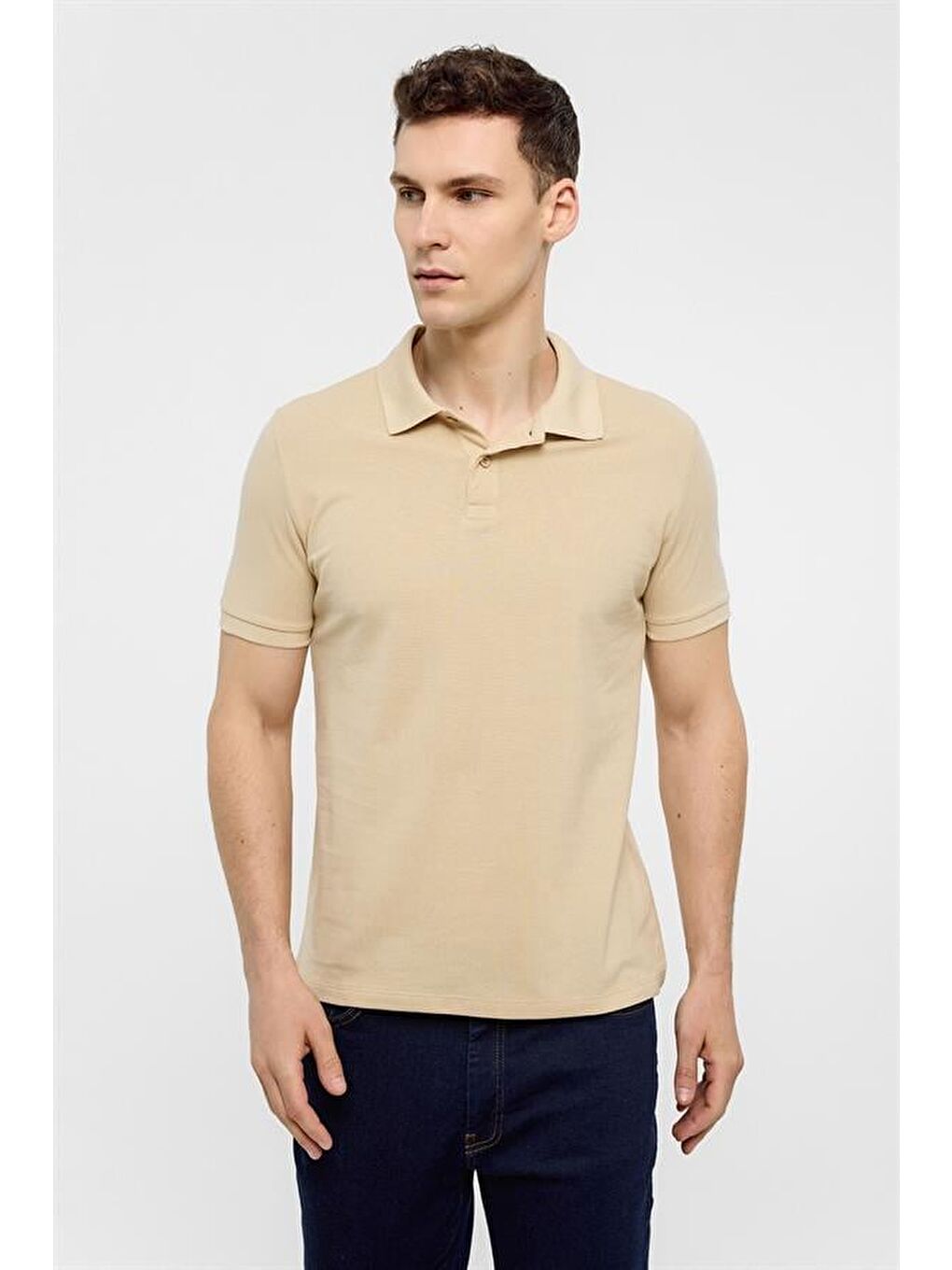 Bej Slim Düz Polo Yaka Tişört-1