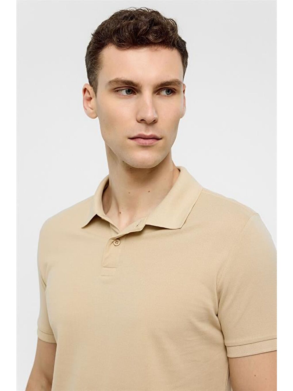 Bej Slim Düz Polo Yaka Tişört-2