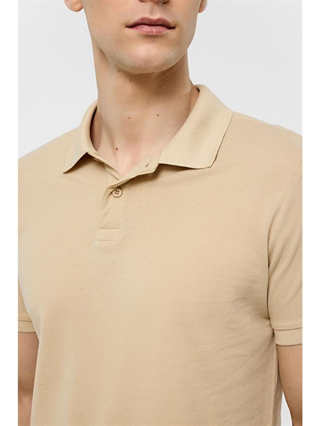 Bej Slim Düz Polo Yaka Tişört-3