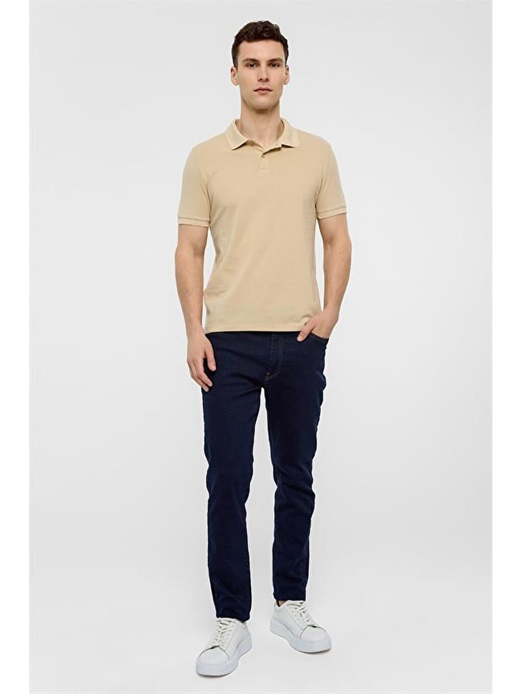 Bej Slim Düz Polo Yaka Tişört-4