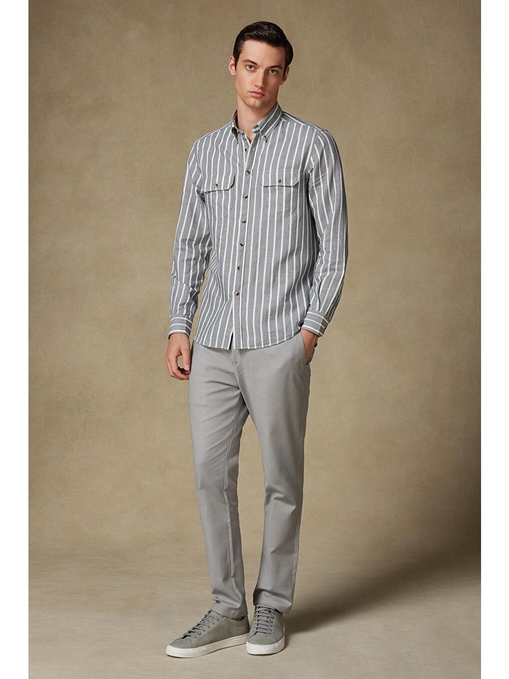 Soft Dokuma Pamuk Karışımlı Tailored Fit Gri Erkek Düz Pantolon-1