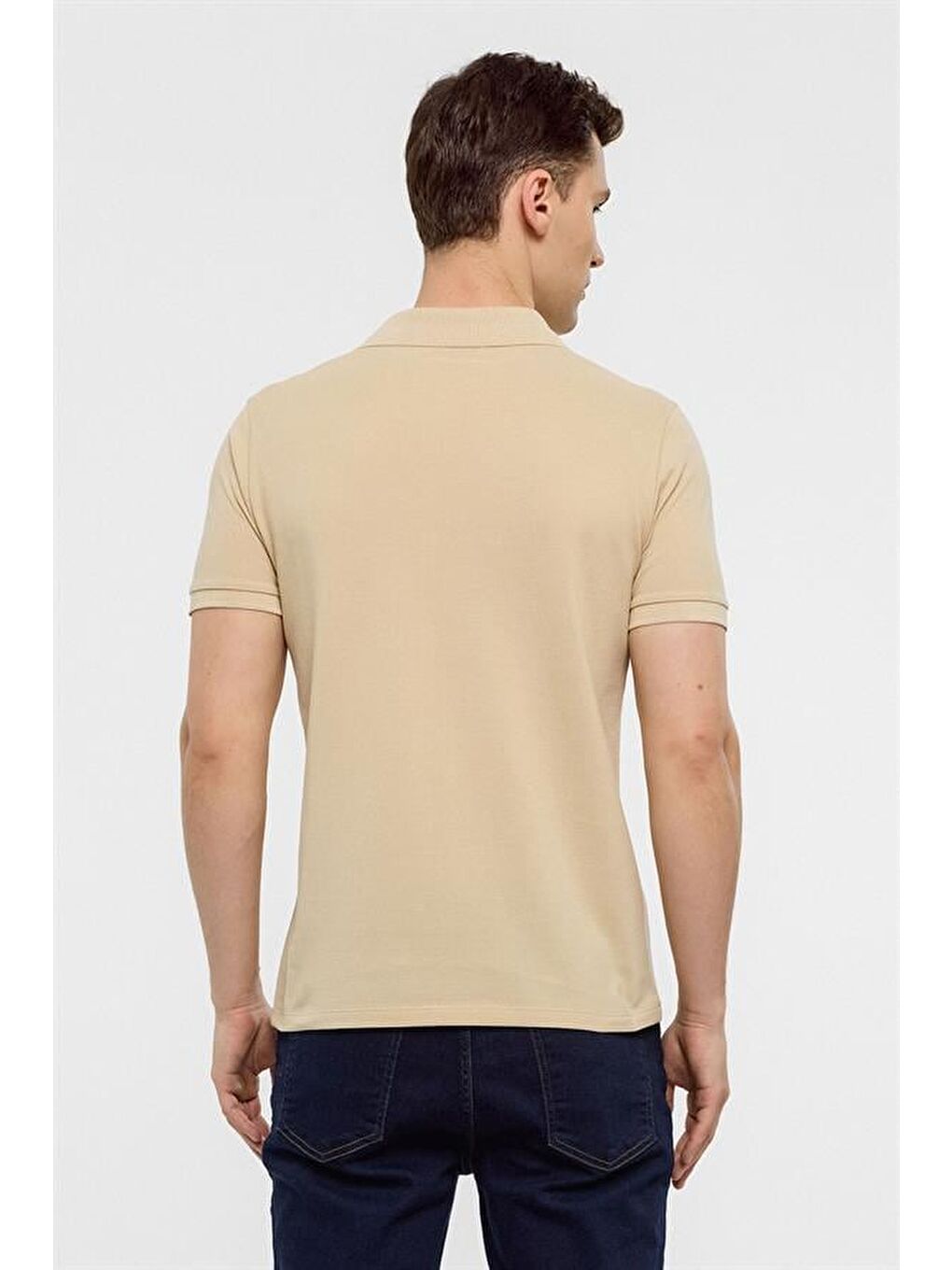 Bej Slim Düz Polo Yaka Tişört-5