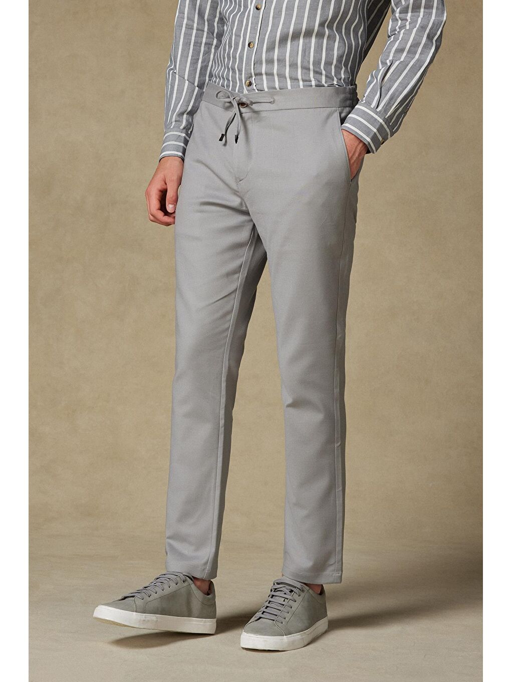 Soft Dokuma Pamuk Karışımlı Tailored Fit Gri Erkek Düz Pantolon-2