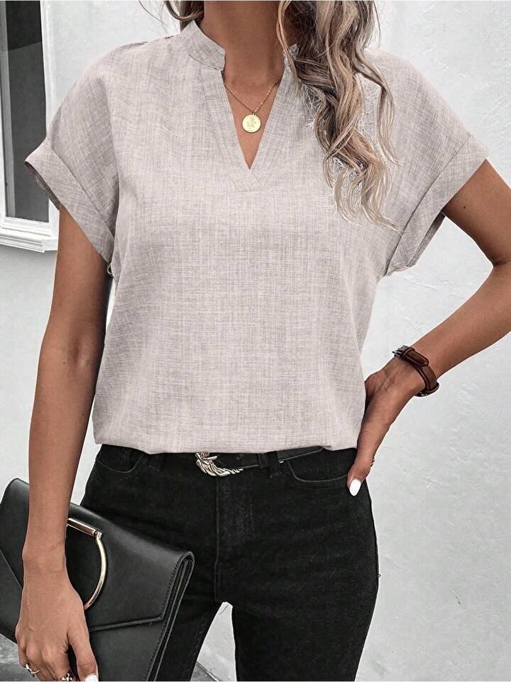 Bej Kadın Kısa Kollu Hakim Yaka Sofya Bluz