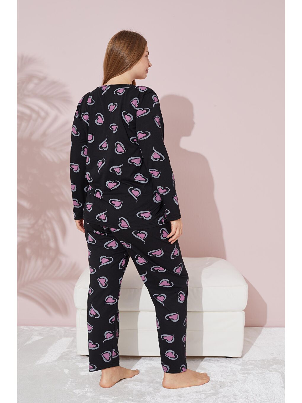 Siyah Curve Büyük Beden Örme Pamuklu Pijama Takımı-1