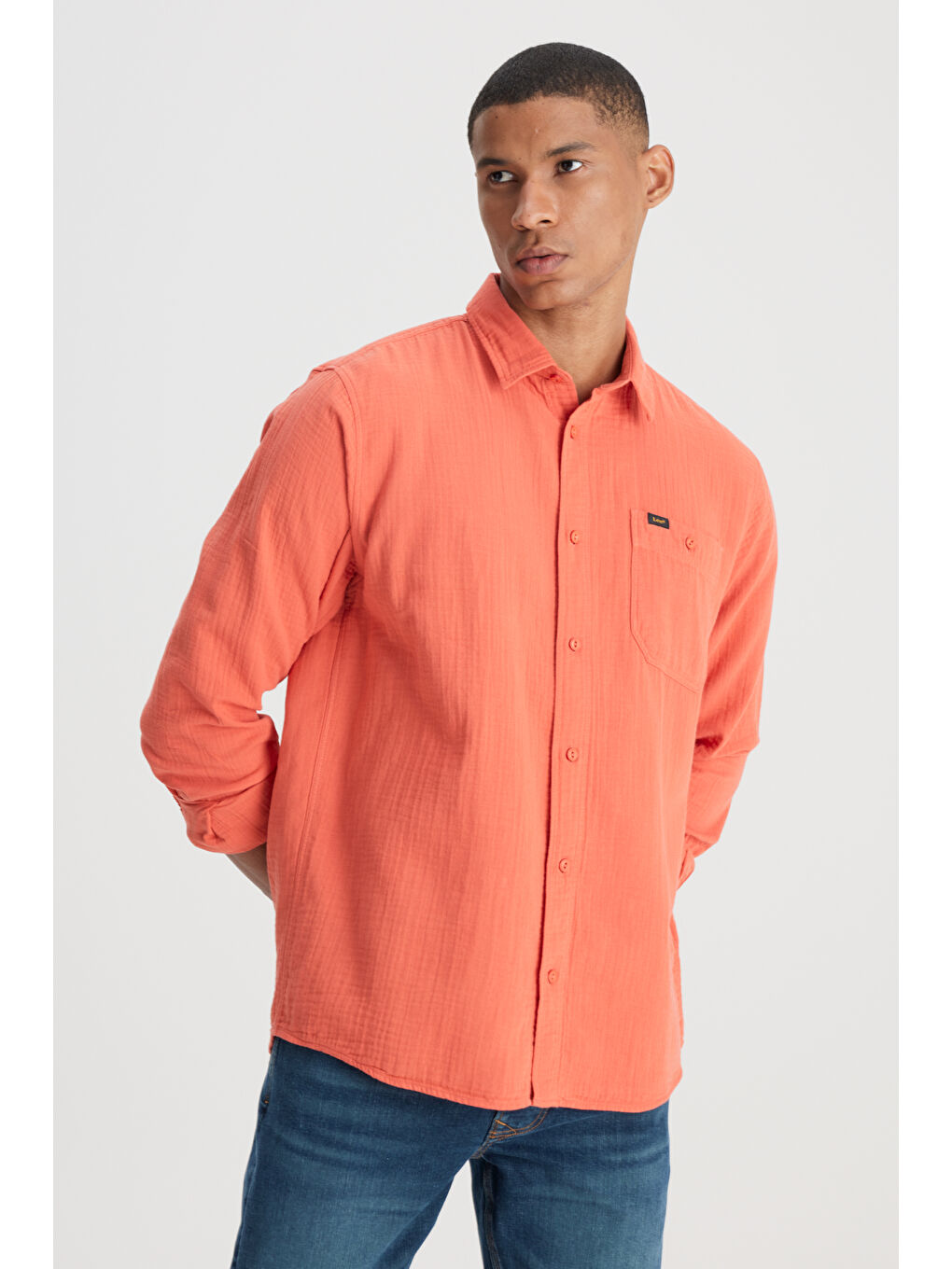Relaxed Fit Geniş Kesim %100 Pamuk Turuncu Gömlek