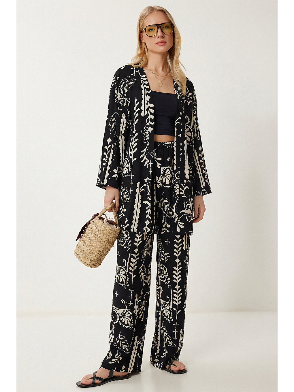 Siyah Desenli Yazlık Viskon Kimono Pantolon Takım SİYAH EKRU LRN0013-1
