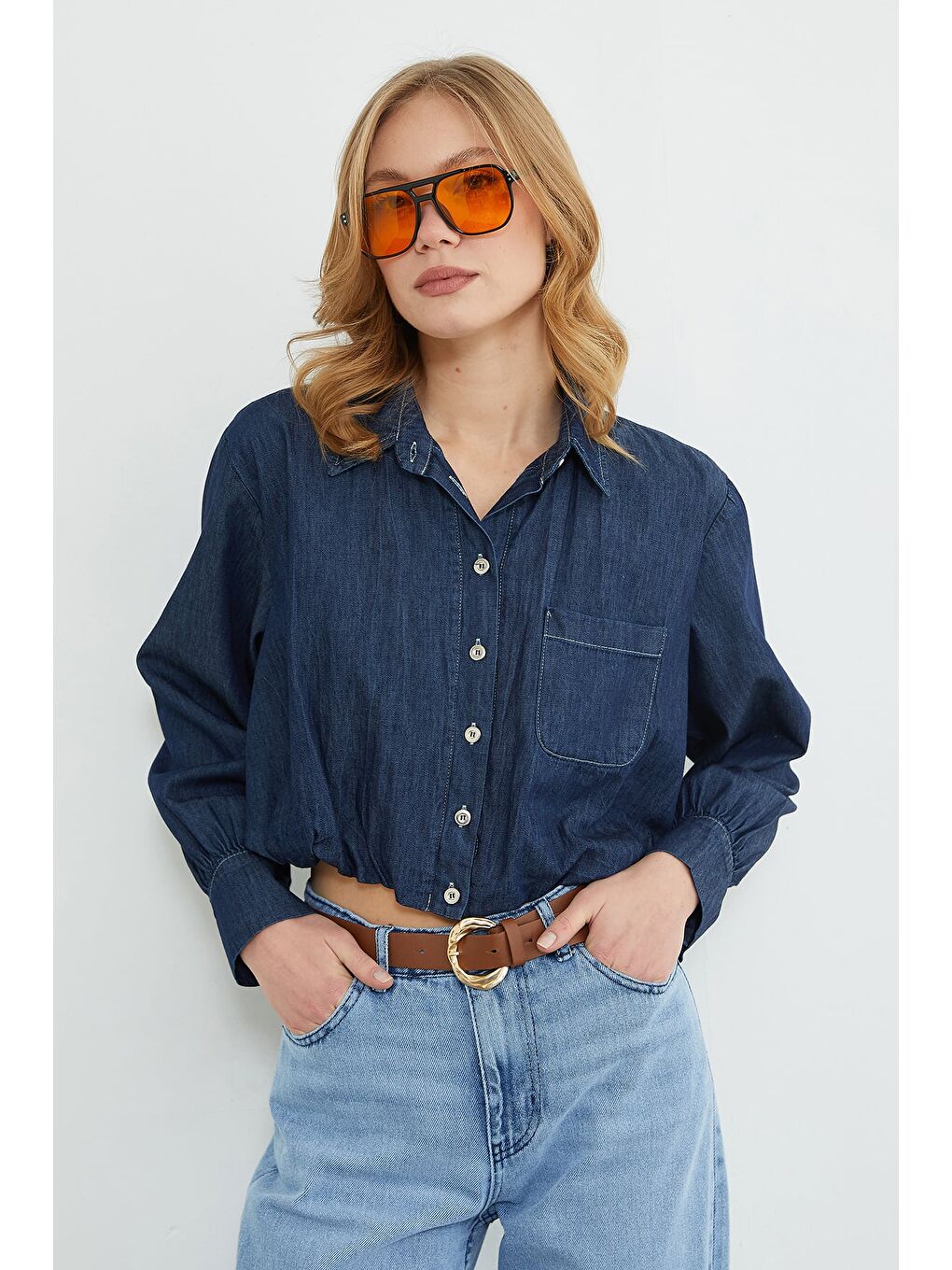 Lacivert Düğmeli Tek Cepli Crop Jean Gömlek