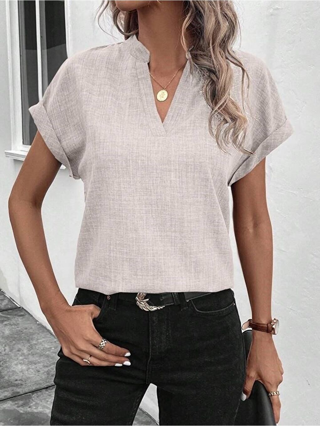 Bej Kadın Kısa Kollu Hakim Yaka Sofya Bluz-1