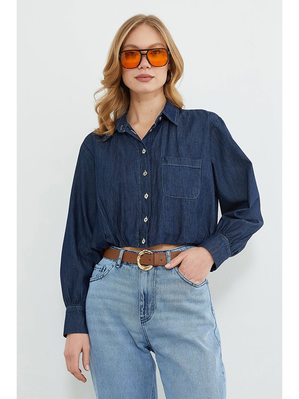 Lacivert Düğmeli Tek Cepli Crop Jean Gömlek-1