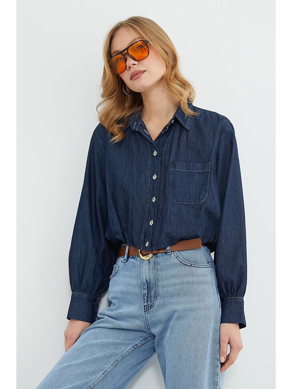 Lacivert Düğmeli Tek Cepli Crop Jean Gömlek-2