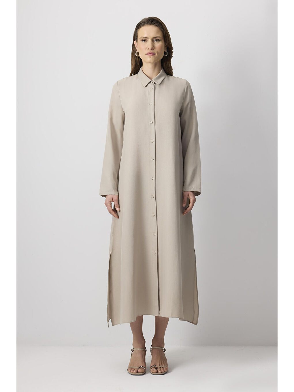 Bej Özel Dokulu Maxi Elbise