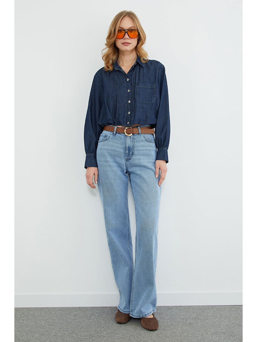 Lacivert Düğmeli Tek Cepli Crop Jean Gömlek-3