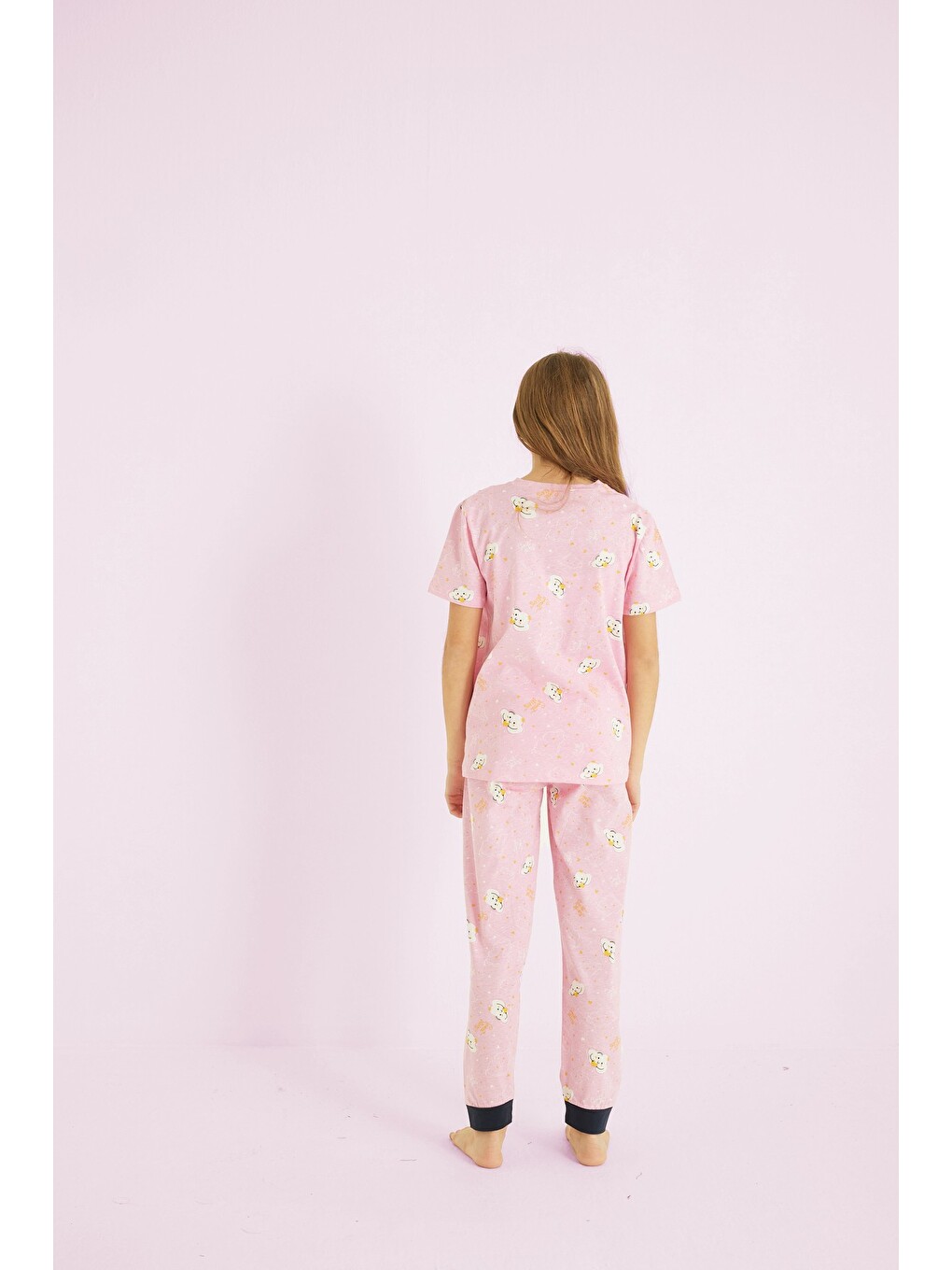 Pembe Kız Çocuk %100 Pamuk Baskılı Bisiklet Yaka Pijama Takım25110057-1