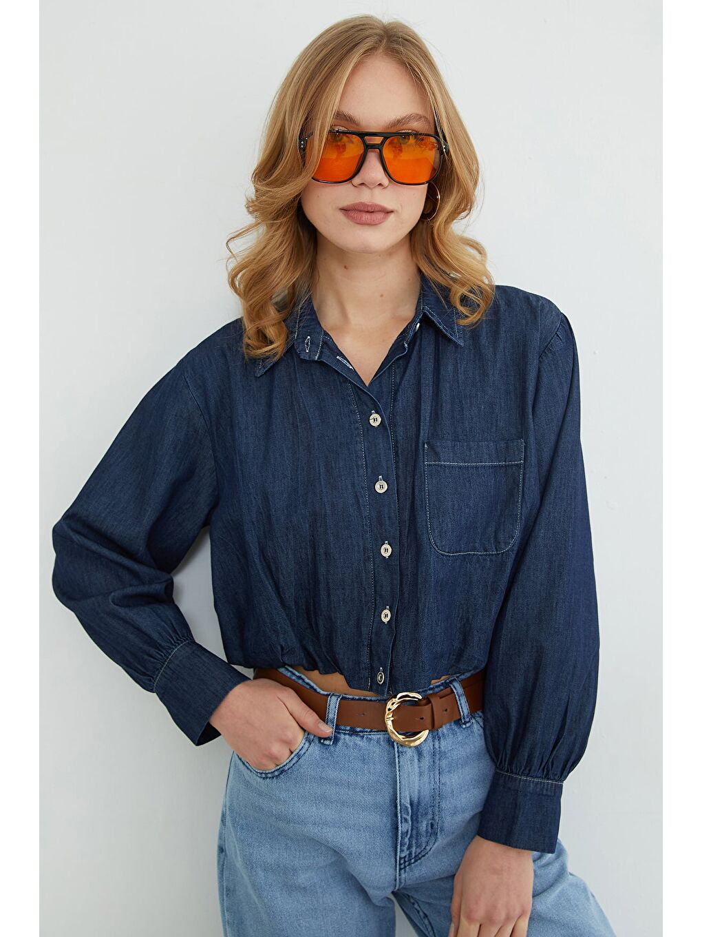 Lacivert Düğmeli Tek Cepli Crop Jean Gömlek-4