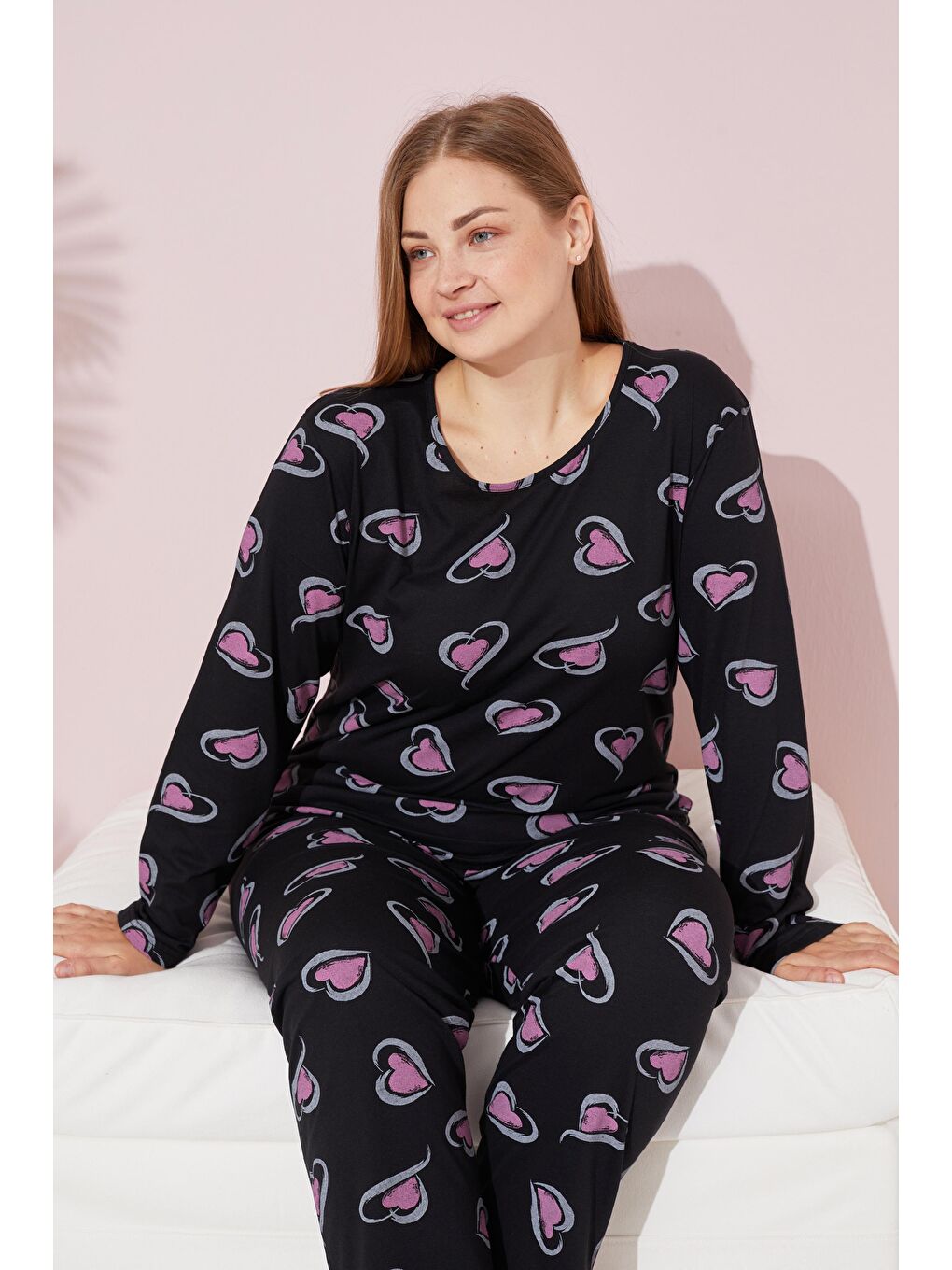 Siyah Curve Büyük Beden Örme Pamuklu Pijama Takımı-2