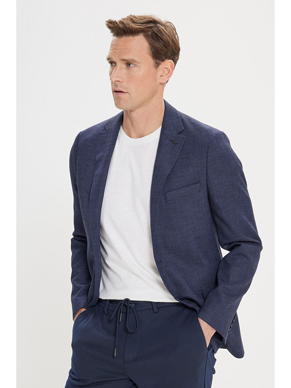 Erkek Lacivert Slim Fit Dar Kesim Mono Yaka Armürlü Ceket-1