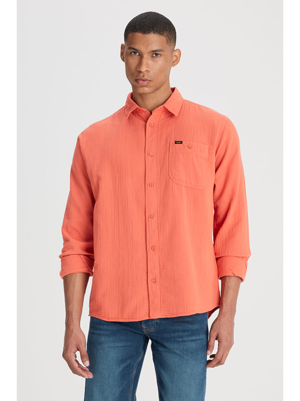 Relaxed Fit Geniş Kesim %100 Pamuk Turuncu Gömlek-1