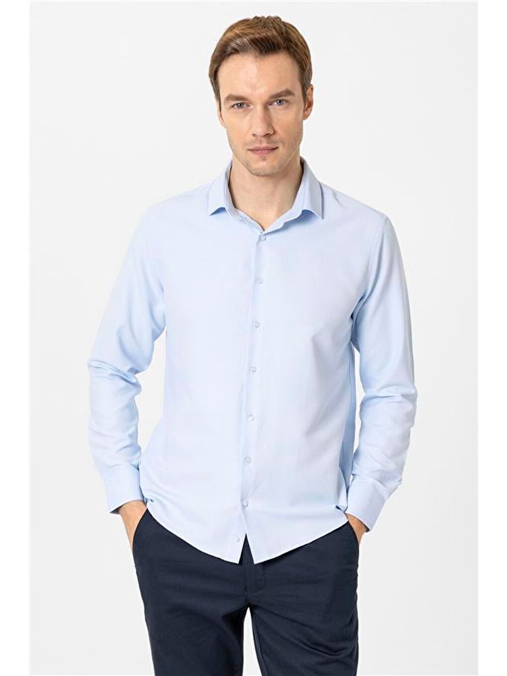Buz Mavi Slim Desenli Klasik Yaka Gömlek-1