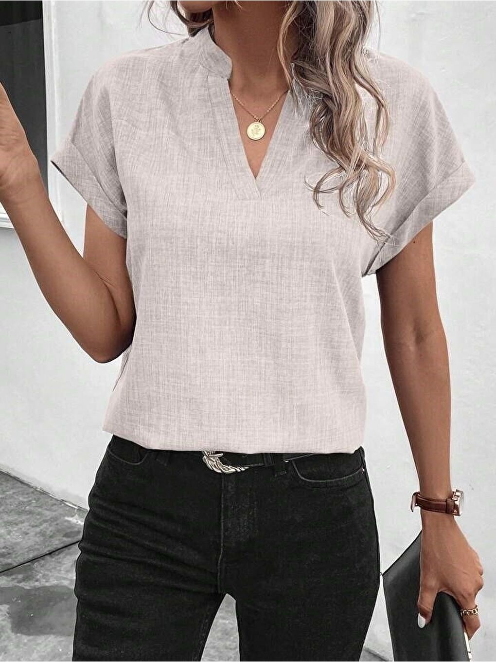 Bej Kadın Kısa Kollu Hakim Yaka Sofya Bluz-3