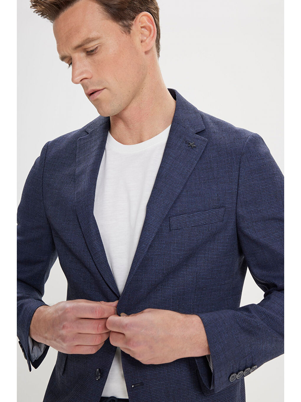 Erkek Lacivert Slim Fit Dar Kesim Mono Yaka Armürlü Ceket-3