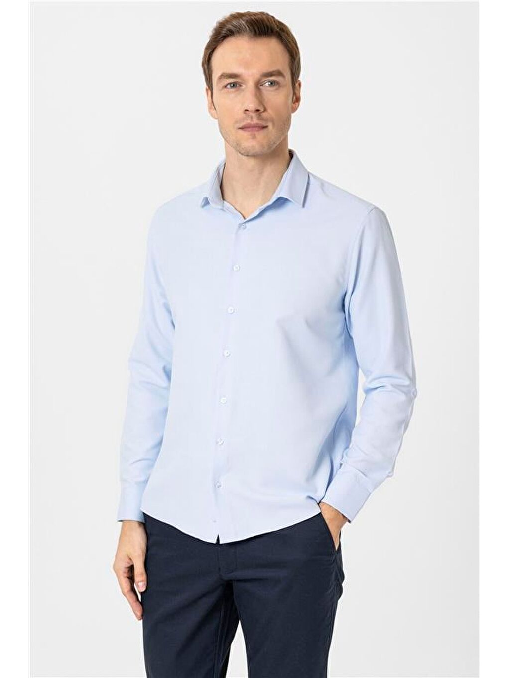 Buz Mavi Slim Desenli Klasik Yaka Gömlek-2