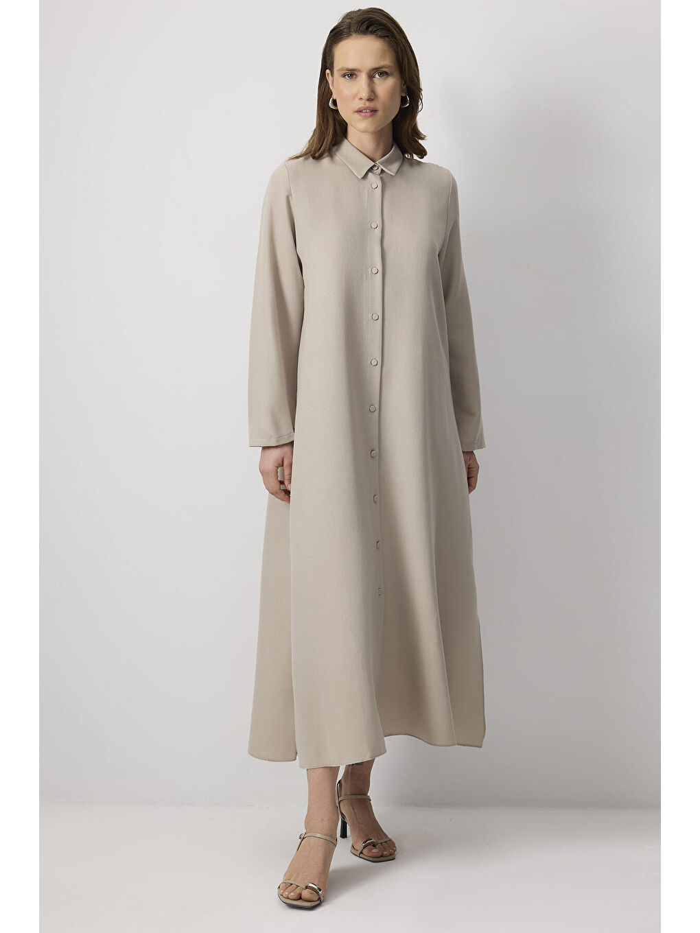 Bej Özel Dokulu Maxi Elbise-1